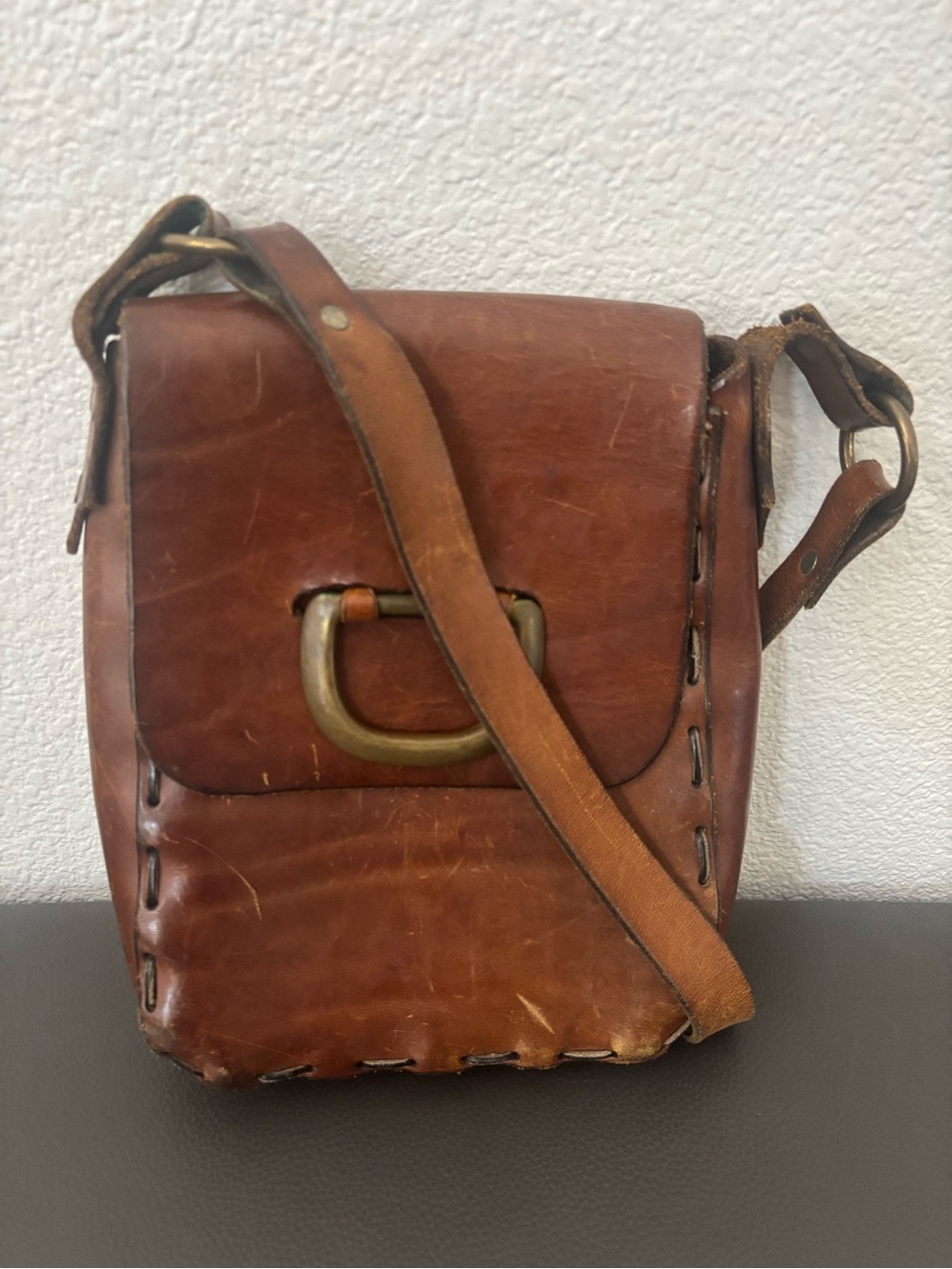 Vintage Brown Leather handmade Crossbody Messenger Bag with brass closure